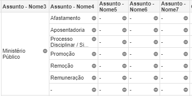 Os dois tipos de "-". Na coluna "Assuntos - nome4", vemos um caso em que o "-" indica cifra oculta, mas nas colunas seguintes o "-" indica simplesmente que aquele nível de classificação não existe.